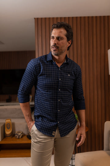 Camisa Vicenza Manga Longa Algodão Egípcio Fio 100 Quadriculada Azul c/ Branca