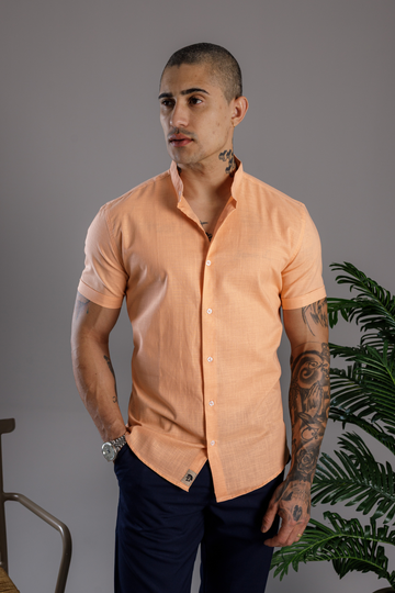 Camisa Vicenza Linho Manga Curta Gola Padre Salmão
