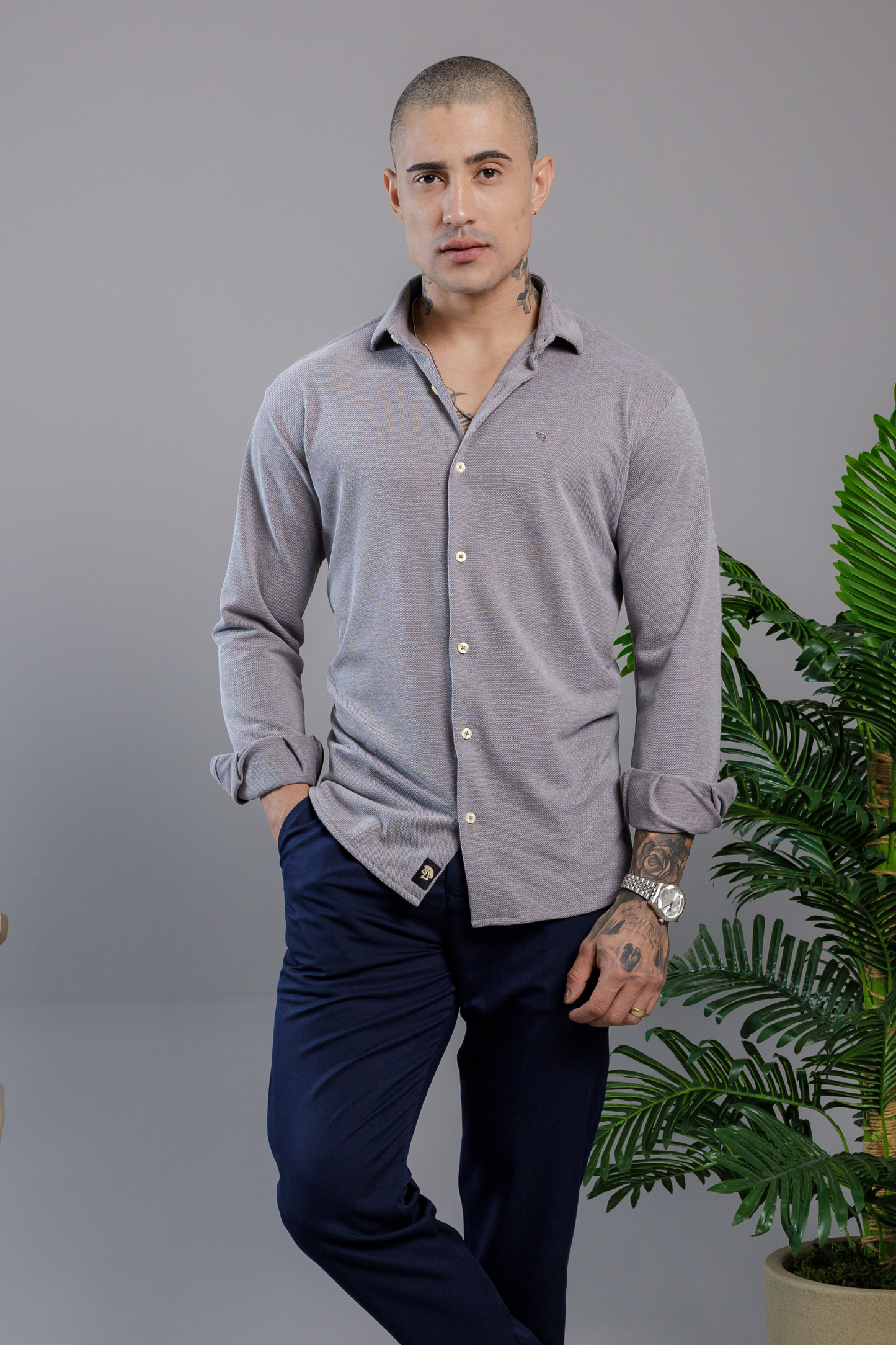 Camisa Vicenza Manga Longa Piquet Gola Tradicional Cinza Mescla