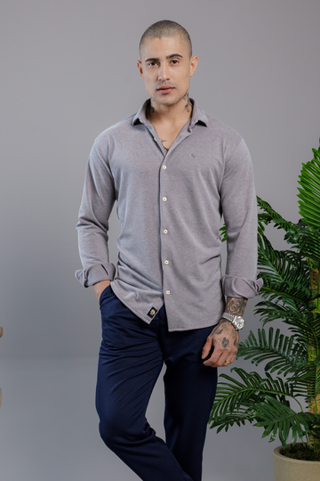 Camisa Vicenza Manga Longa Piquet Gola Tradicional Cinza Mescla