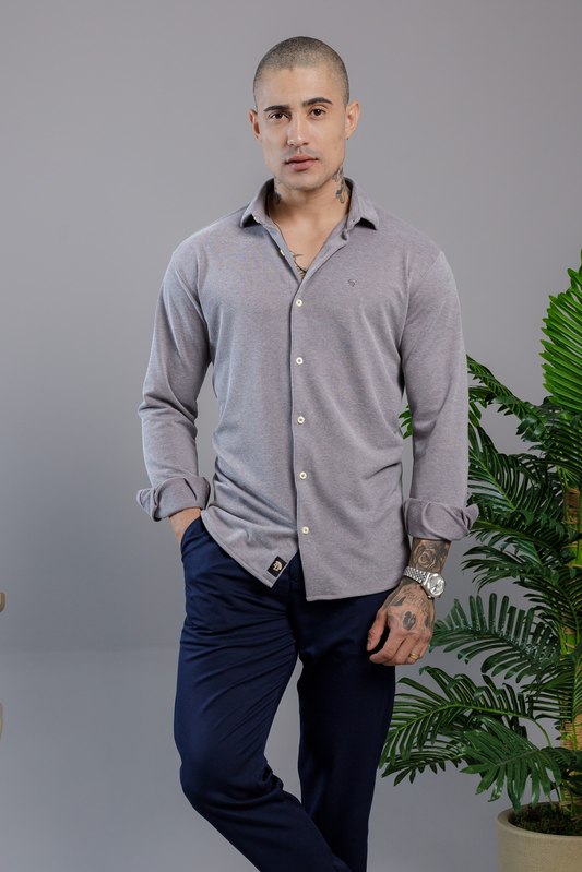 Camisa Vicenza Manga Longa Piquet Gola Tradicional Cinza Mescla