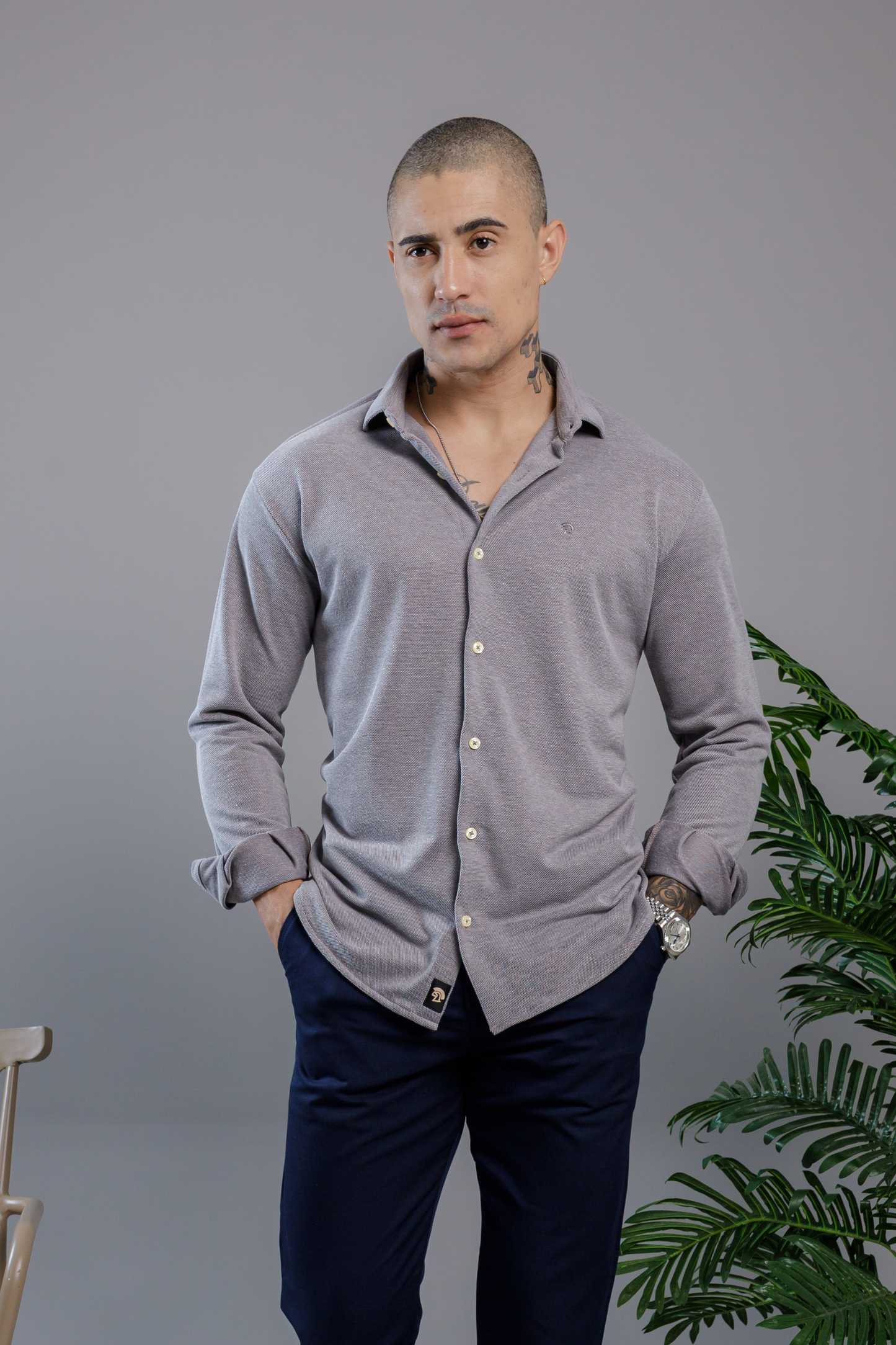 Camisa Vicenza Manga Longa Piquet Gola Tradicional Cinza Mescla
