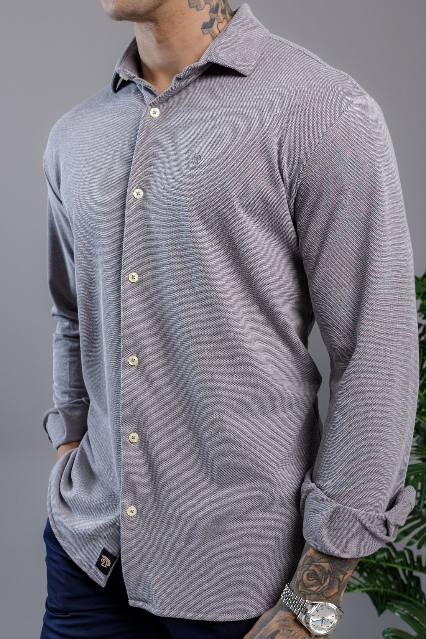 Camisa Vicenza Manga Longa Piquet Gola Tradicional Cinza Mescla