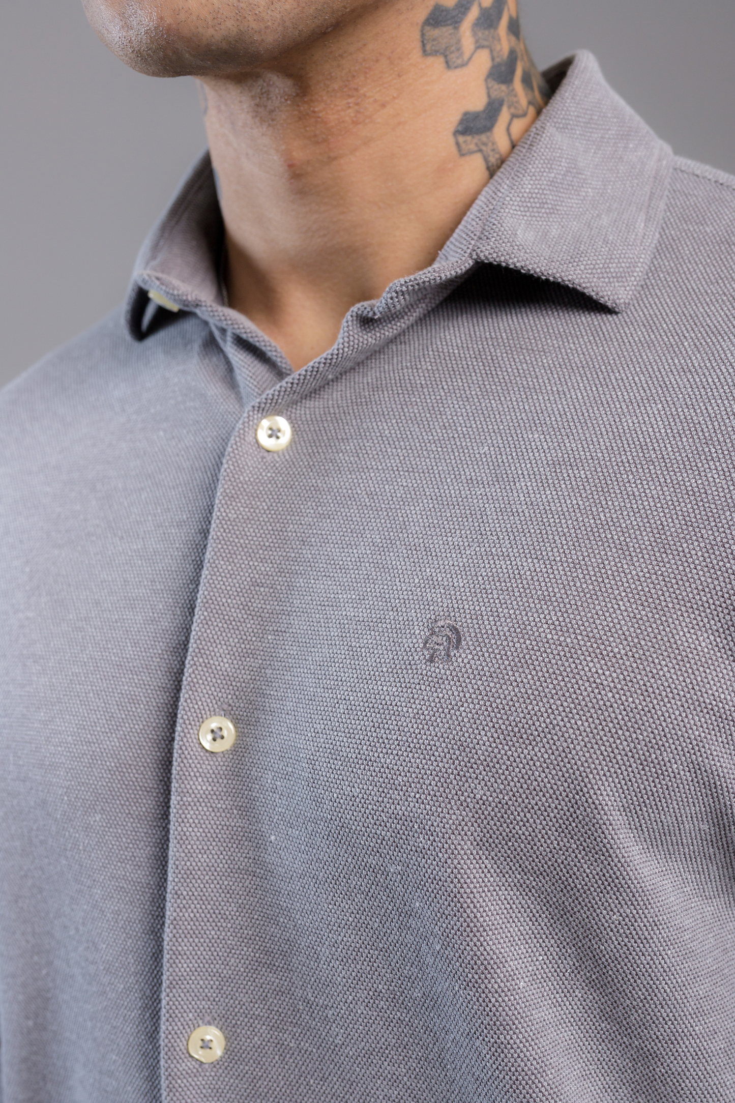 Camisa Vicenza Manga Longa Piquet Gola Tradicional Cinza Mescla