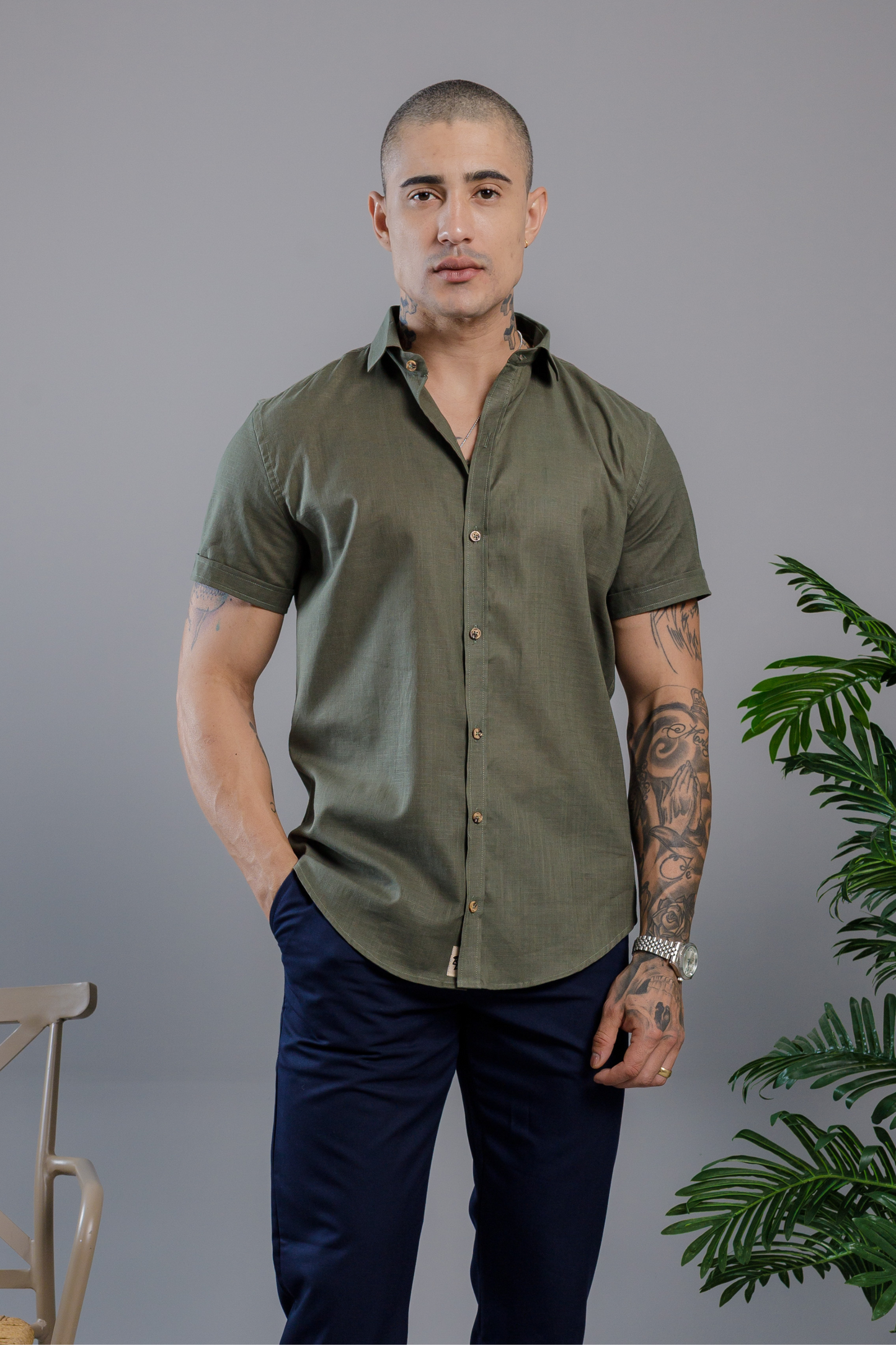 Camisa Vicenza Manga Curta Gola Tradicional Verde Musgo