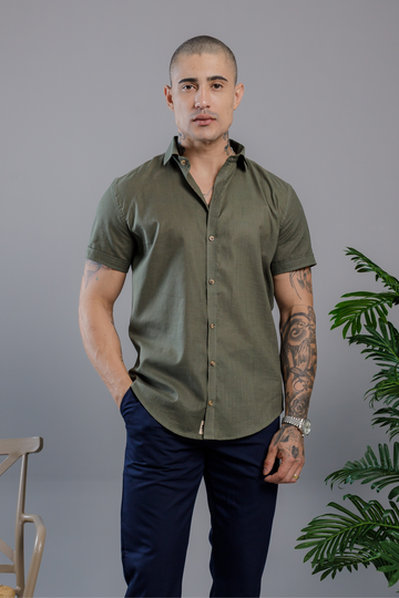 Camisa Vicenza Manga Curta Gola Tradicional Verde Musgo