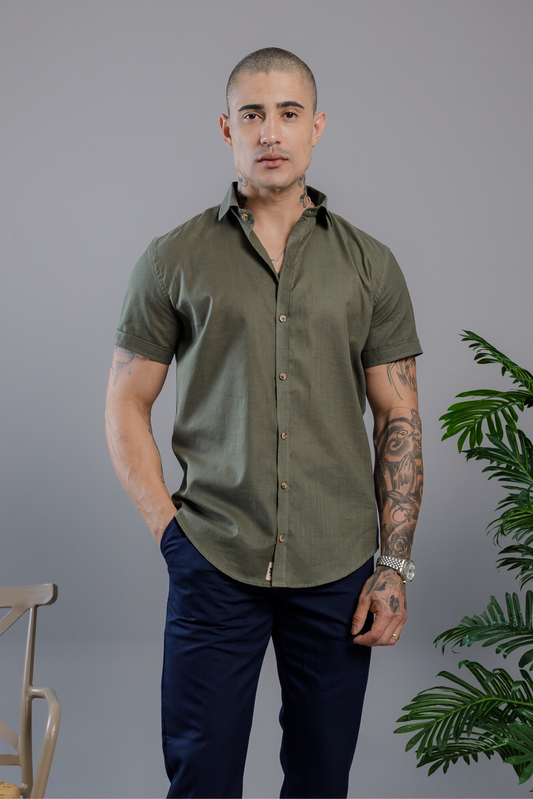 Camisa Vicenza Manga Curta Gola Tradicional Verde Musgo
