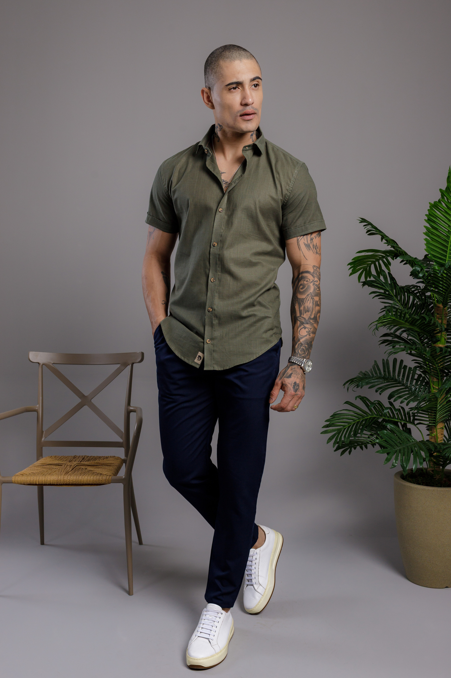 Camisa Vicenza Manga Curta Gola Tradicional Verde Musgo