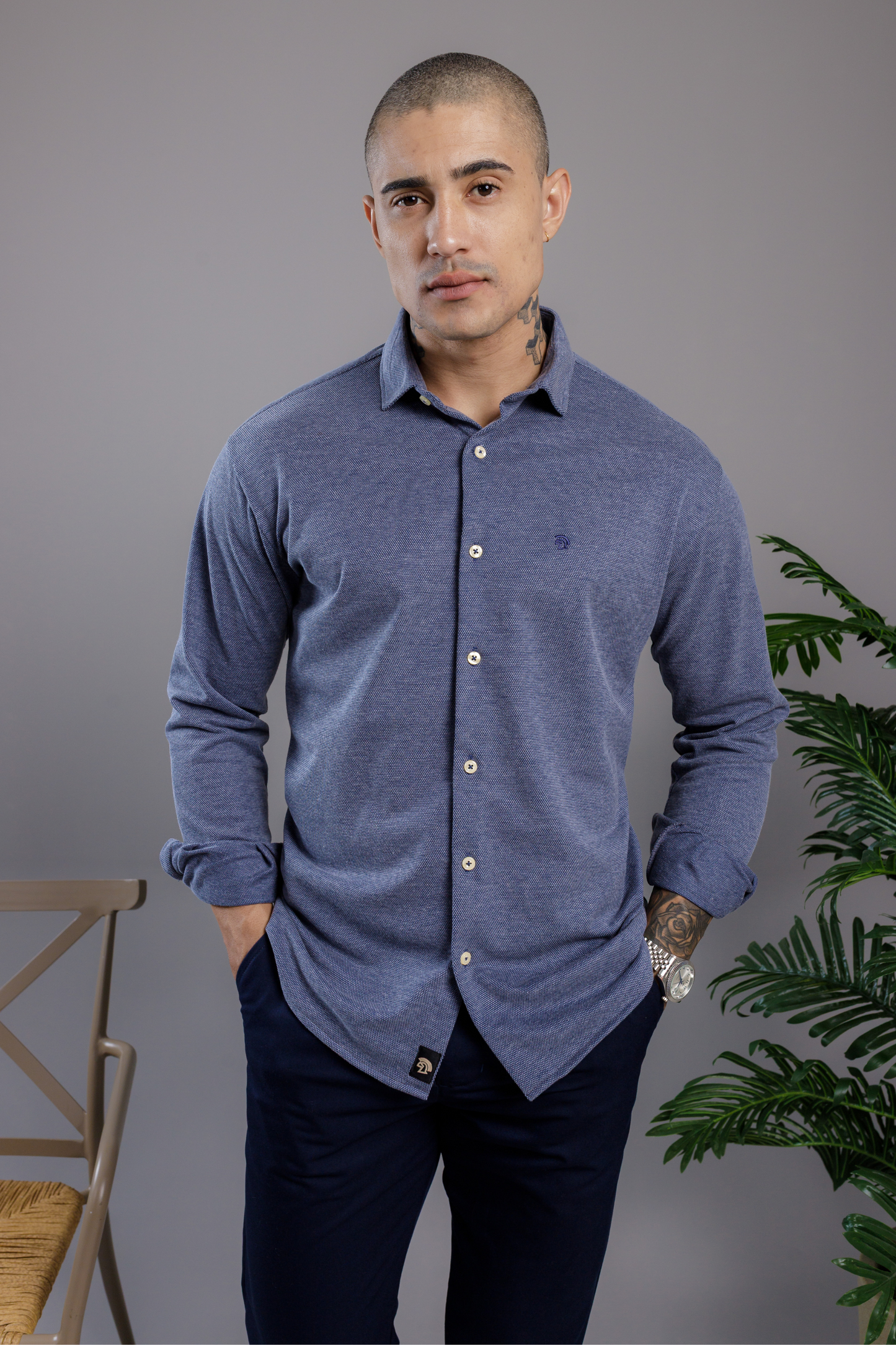 Camisa Vicenza Manga Longa Piquet Gola Tradicional Azul Marinho