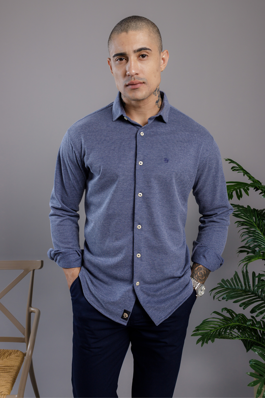 Camisa Vicenza Manga Longa Piquet Gola Tradicional Azul Marinho