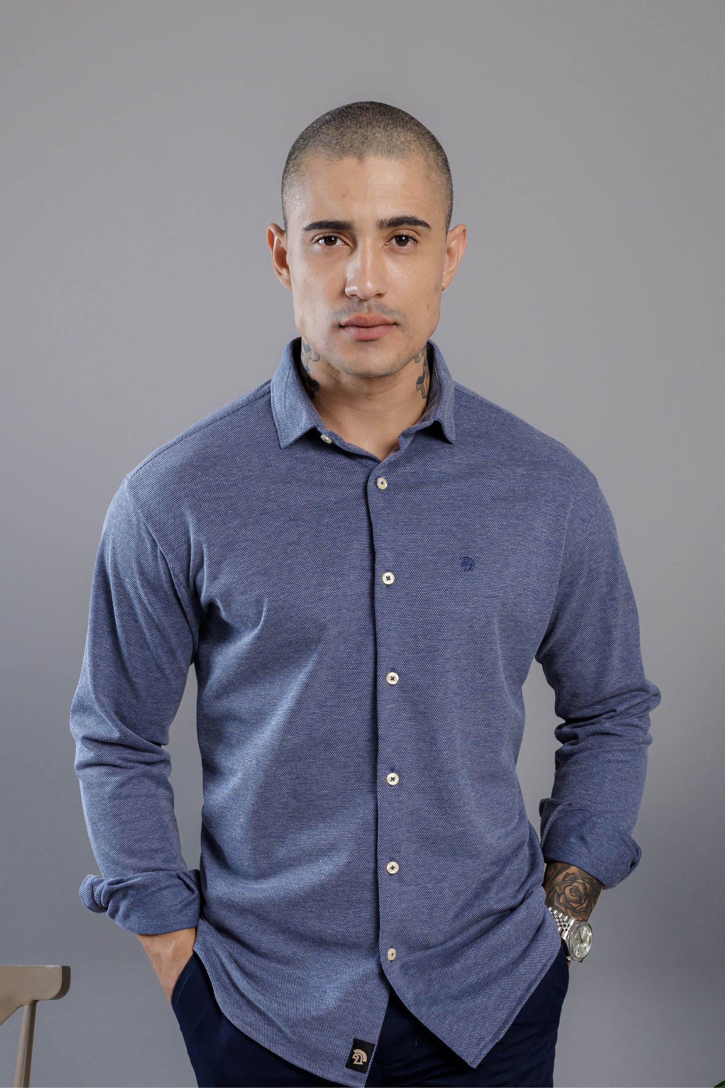 Camisa Vicenza Manga Longa Piquet Gola Tradicional Azul Marinho