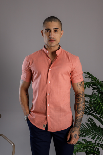 Camisa Vicenza Linho Manga Curta Gola Padre Rosê