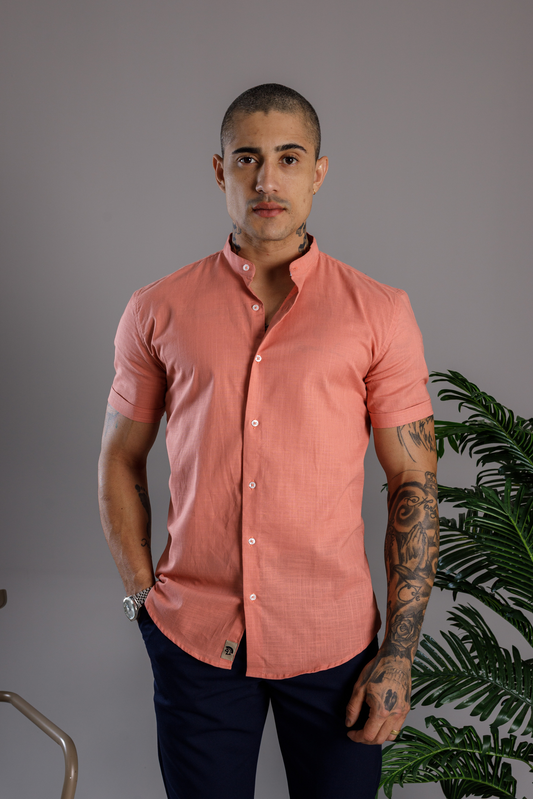 Camisa Vicenza Linho Manga Curta Gola Padre Rosê