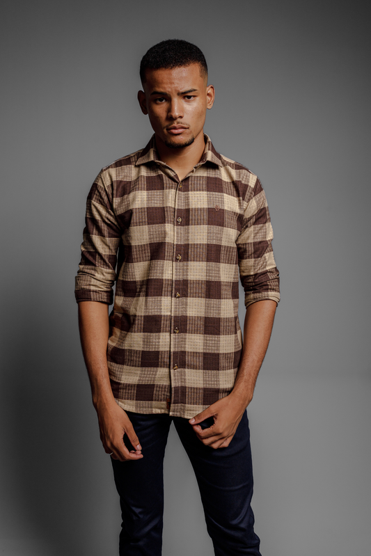 Camisa Vicenza Xadrez Origine manga Longa Marrom