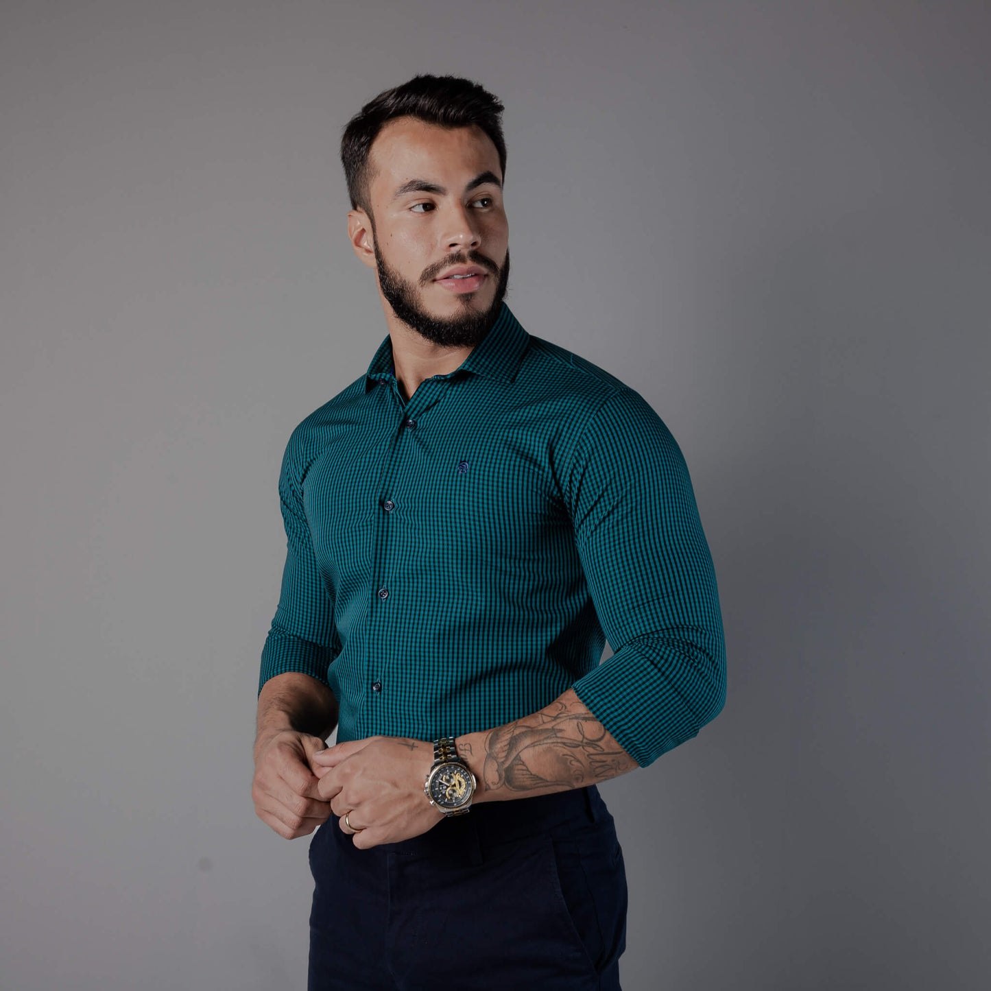 Camisa Vicenza Manga Longa Algodão Egípcio Vichy Verde Escuro