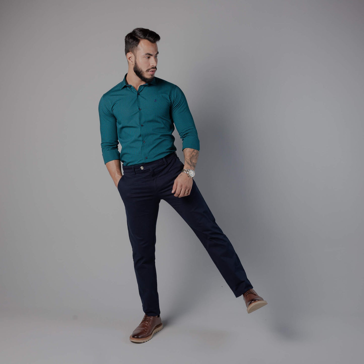 Camisa Vicenza Manga Longa Algodão Egípcio Vichy Verde Escuro